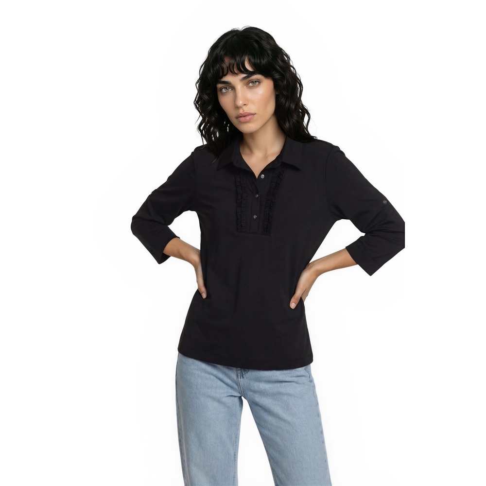 Tail Women's Size Medium Black Ruffle Snap 3/4 Sleeve Golf Tennis Polo Top